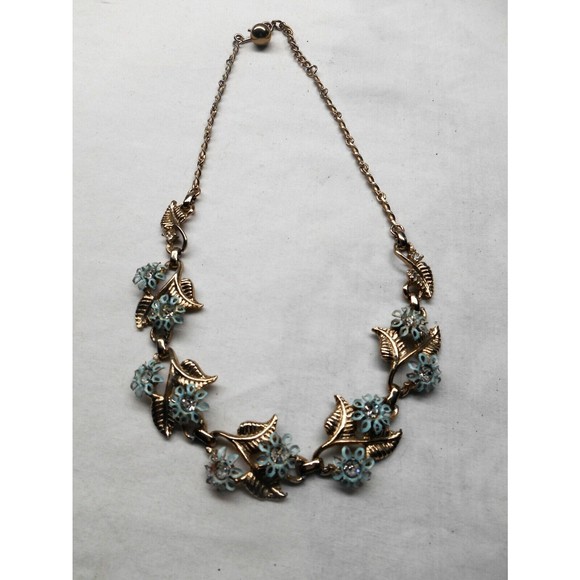 Vintage 1950’s Gold-tone Necklace Blue Enamel Flowers Rhinestone - Picture 1 of 4